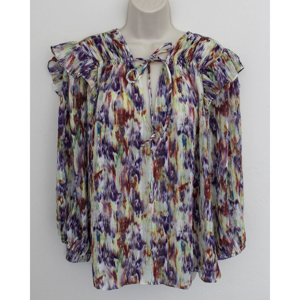 Tanya Taylor Top Womens 1X Multicolor Ruffle Tie Neck Long Sleeve Delaney